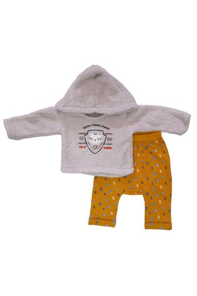 Dumledo Hooded Gray Plush Sweatshirt and Yellow Top & Bottom 2-Piece Baby & Kids Set