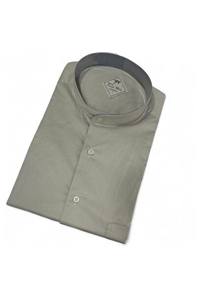 EREN STYLE Linen Classic 100% Cotton Long Sleeve Anti-Sweat High Collar Gray Shirt (Regular Fit)