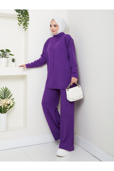 MY QILAM Women's Hijab Set Half Turtleneck Sweater Pants Bottom Top Knitwear Set Purple