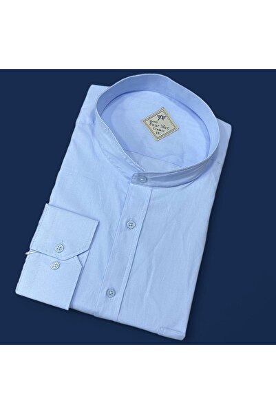 EREN STYLE Linen Classic 100% Cotton Long Sleeve Anti-Sweat High Collar Blue Shirt (Regular Fit)