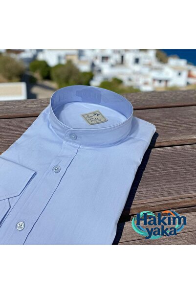 EREN STYLE Linen Classic 100% Cotton Long Sleeve Anti-Sweat High Collar Blue Shirt (Regular Fit)