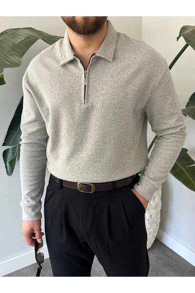 Gambocci Men's Polo Neck Long Sleeve Zippered Lightweight Loose Knitwear Swea...