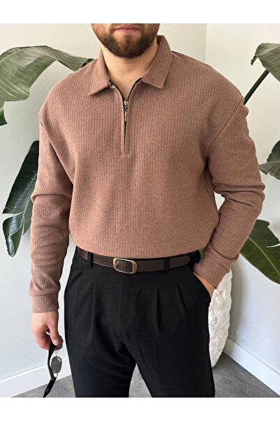 Gambocci Мъжка блуза с поло яка, дълъг ръкав, цип, лека, свободна плетка