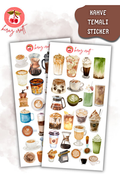 Kiraz Craft Kahve Temalı Sticker, Planner Etiket, Çıkartma, Scrapbook, Kolaj,...