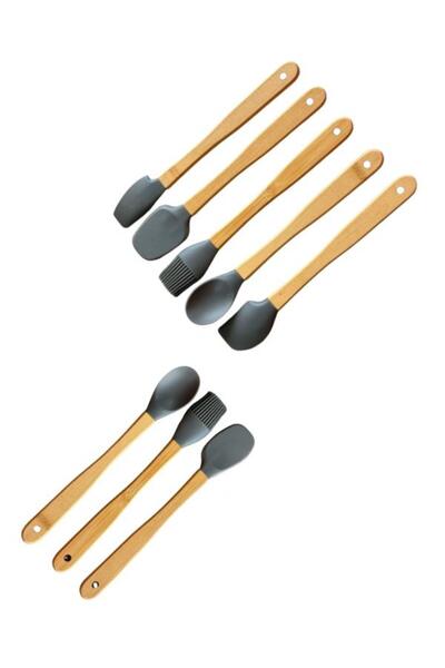 mucit home Gray 8-Piece Bamboo Handle Silicone Tip Spatula Brush Spoon Set