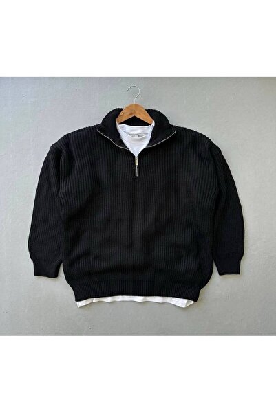 brozzi men Pulover negru unisex cu jumătate de fermoar