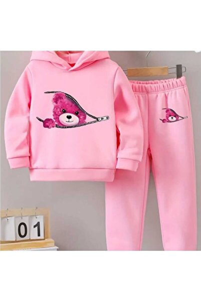 Kids Ayıcık Baskılı Kapüşonlu PEMBE Kız Çocuk Alt-Üst Takım
