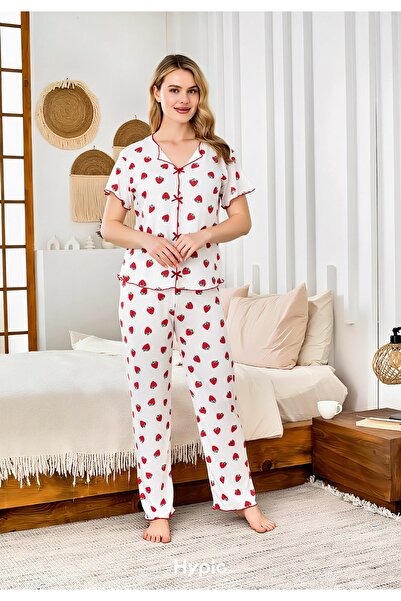 Clariss White Cotton Strawberry Pattern Comfortable Pajama Set