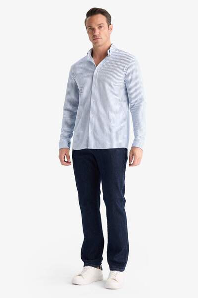 DeFacto Regular Fit Polo Neck Striped Combed Cotton Long Sleeve Shirt E8084Ax25Au