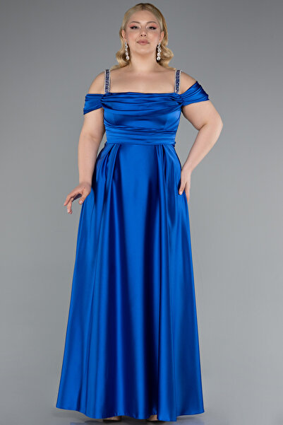 Abiyefon Saks Mavi Göğüs Drapeli Uzun Saten Büyük Beden Abiye ABU3277
