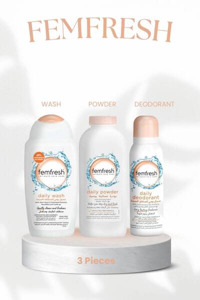 Femfresh فيم فريش مجموعة العناية 3 قطع غسول يومي وبخاخ سبراي و بودرة لإعادة تجدد التوازن للمناطق الحميمية
