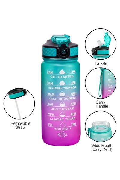 HALAMODO Large Water Bottle,1L Sports Water Bottle with Time Marker and Straw, Leakproof Water Bottle