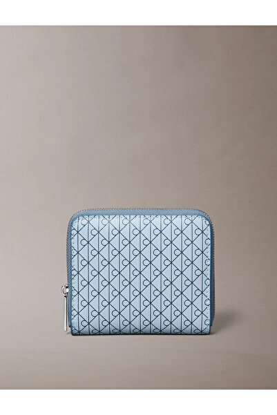 Calvin Klein Women's Ck Monogram Logo Zipper Closure Coin Pocket Extra Card Compartment Blue Wallet Lv04F1089