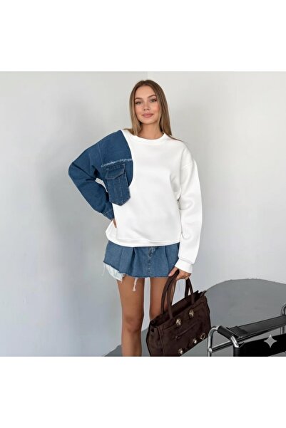 CCTWEAR Denim Pocket Detailed Crew Neck Sweatshirt
