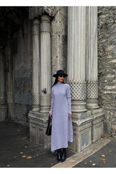 TB Terzi Bey Thick, Wrinkled, Long Dress with High Neck in Gray