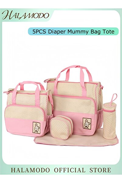 HALAMODO حقيبة حفاضات من 5 قطع، حقيبة حفاضات للأمهات، حقيبة حفاضات سفر وردية ...