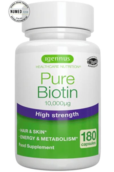 Igennus Healthcare Nutrition Pure Biotin 10,000mcg, High Strength, Hair, Nails & Skin, Energy & Metabolism, 180 Capsules