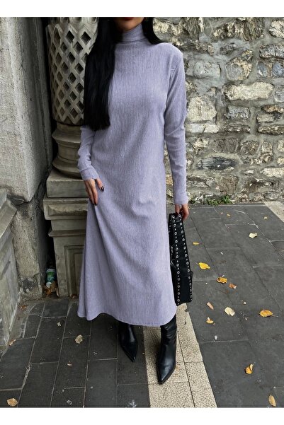 TB Terzi Bey Thick, Wrinkled, Long Dress with High Neck in Gray