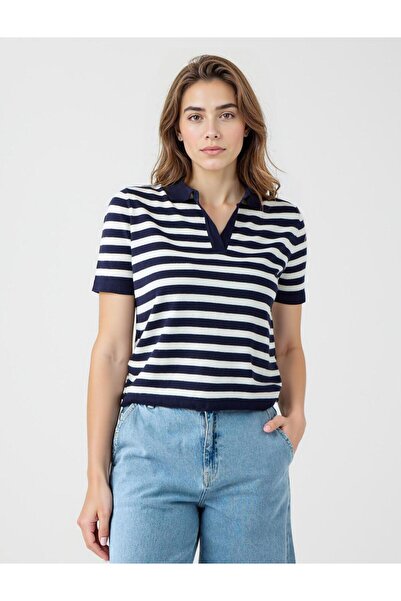 Jimmy Key Navy Blue Shirt Collar Slim Fit Knitwear T-Shirt