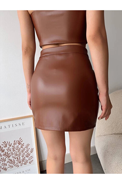 Işıltı kidss Lace Zipper Leather Skirt Coffee W24598