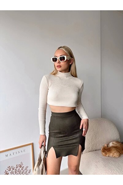 Işıltı kidss Double-layered suede skirt, khaki, s241002