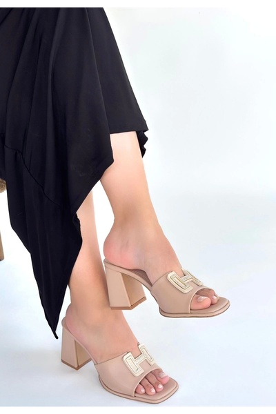 Işıltı kidss Caren beige leather high heel slippers
