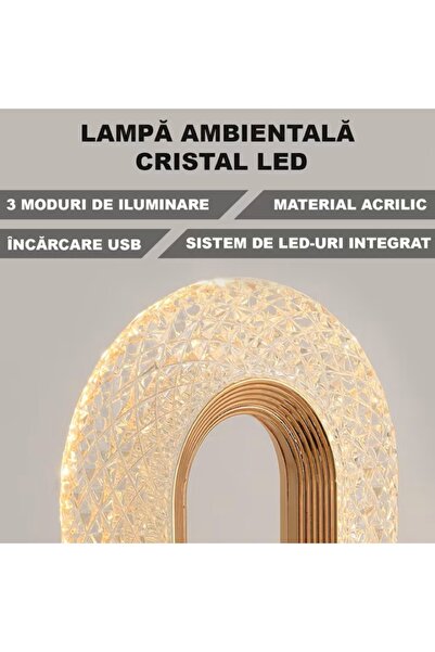 EMATTERIO USB Rechargeable Crystal LED Lamp, 3 Colors, Touch Control, Portable, Elegant Gold, 20cm