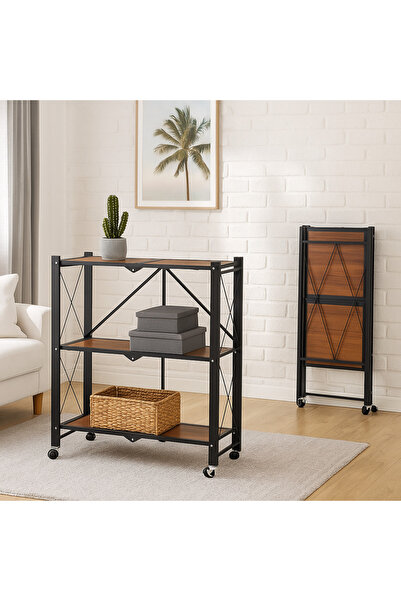 Living Wooden Shelf with Black Steel Frame and Wheels – 3 Tiers for Elegant S...