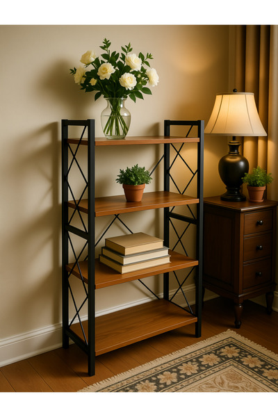 Living 4-Tier Brown Wood Shelf with Black Metal Frame – Modern Multipurpose Design