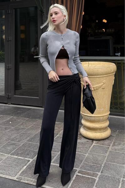 Madmext Black Modal Soft Shirring Lace-Up Detail Flare Women's Pants Mg2562