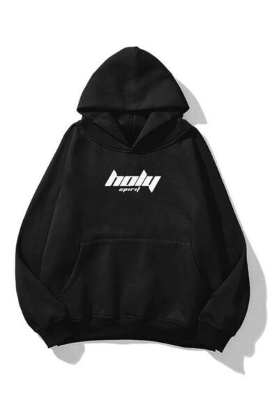 Know Unisex Holy Baskılı Kapüşonlu Sweatshirt Hoodie Siyah