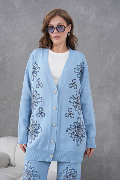 Miss Allos Women's Beaded Wide-Fit Knitwear Cardigan and Pants Bottom-Top Set