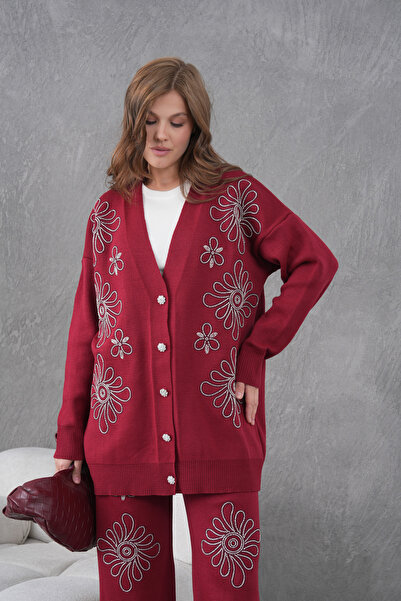 Miss Allos Women's Beaded Wide-Fit Knitwear Cardigan and Pants Bottom-Top Set