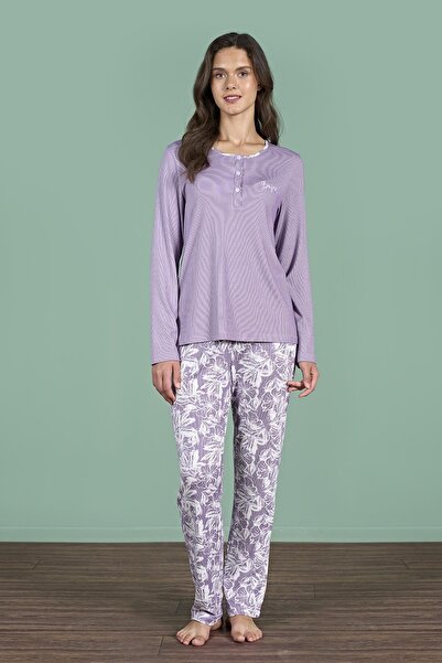 Pijadore Women's Plus Size Purple Color Long Sleeve Button down Pajama Set C9T6N91
