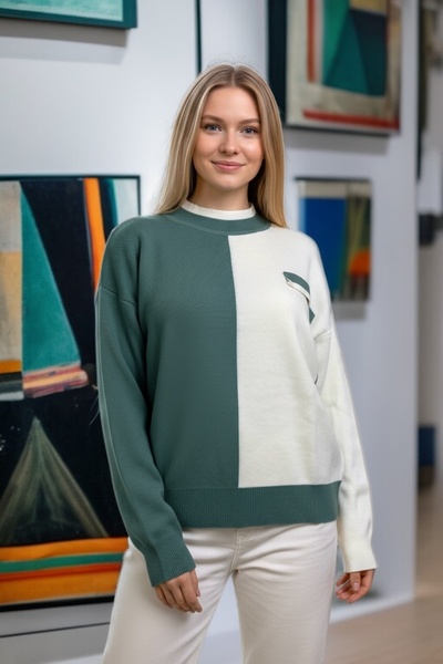 NEWCO Women's Color Block Oversized Knit Sweater – Contrast Pattern, Round Neck, Long Sleeves, Comfortable Fit