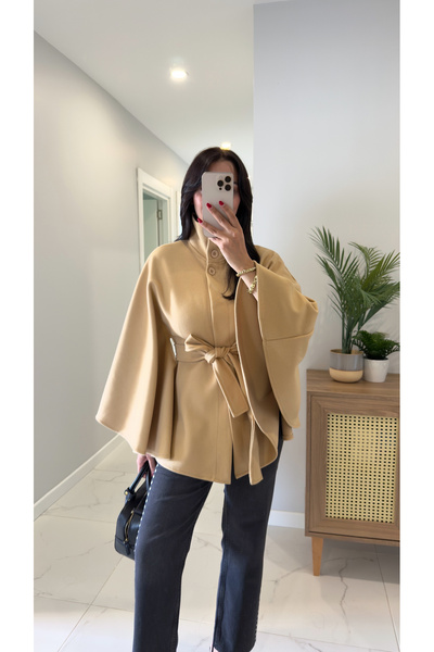 BİRCANÇİL Luffy Camel Belted Cashmere Poncho