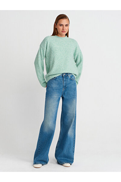 Dilvin 10640 Πλεκτό πουλόβερ με μαλακή υφή με λαιμόκοψη-Μέντα