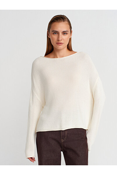Dilvin 10804 Boat Neck Draped Knitwear Sweater-Ecru