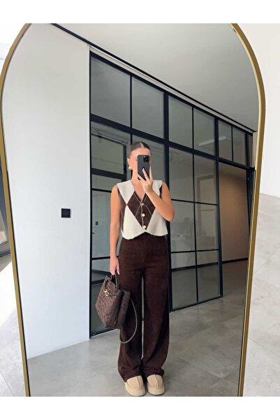 BB Bensu Buyruk PELUŞ DOKULU KAHVERENGİ TRİKO PANTOLON