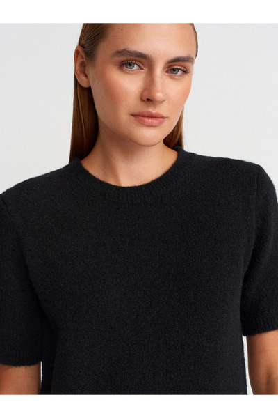 Dilvin 90257 Crew Neck Wool Blend Knitwear Dress-Black
