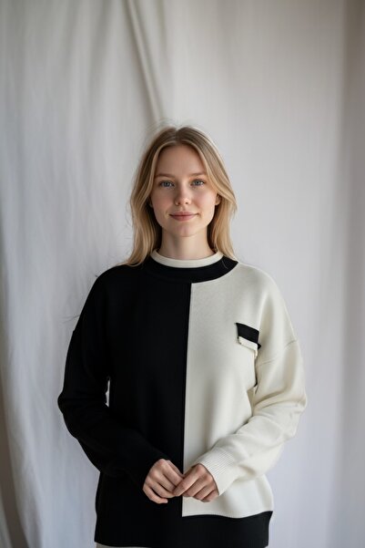 NEWCO Women's Color Block Oversized Knit Sweater – Contrast Pattern, Round Neck, Long Sleeves, Comfortable Fit