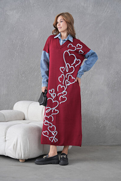 Miss Allos Rochie lungă din tricot pentru femei, cu mâneci din denim, cu perl...