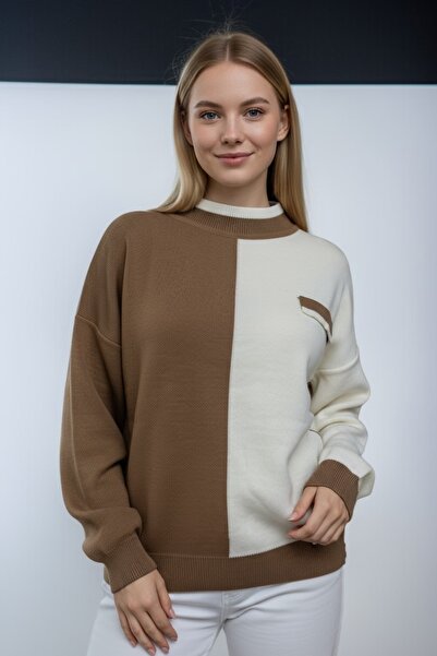 NEWCO Women's Color Block Oversized Knit Sweater – Contrast Pattern, Round Neck, Long Sleeves, Comfortable Fit