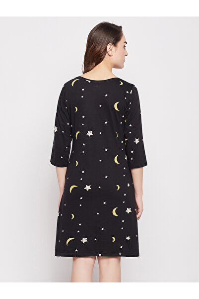 iza Moon & Stars Print Short Night Dress in Black – 100% Cotton