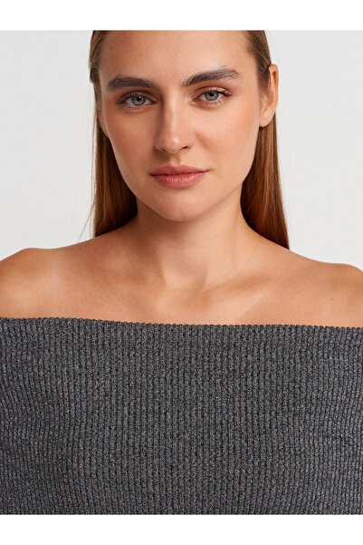 Dilvin 10808 Bardot Collar Ribbed Glitter Knit Sweater-Smoked