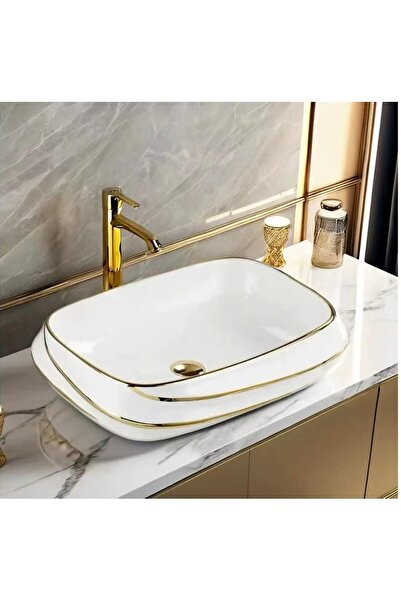 Lumini de Poveste Countertop Washbasin, Ceramic, Gold, White, Rectangle, Classy LDPZP015
