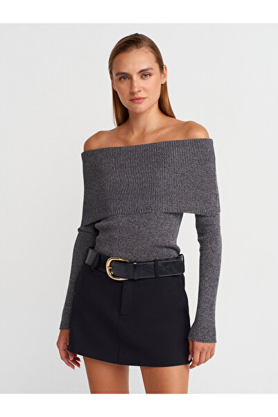 Dilvin 10808 Bardot Collar Ribbed Glitter Knit Sweater-Smoked