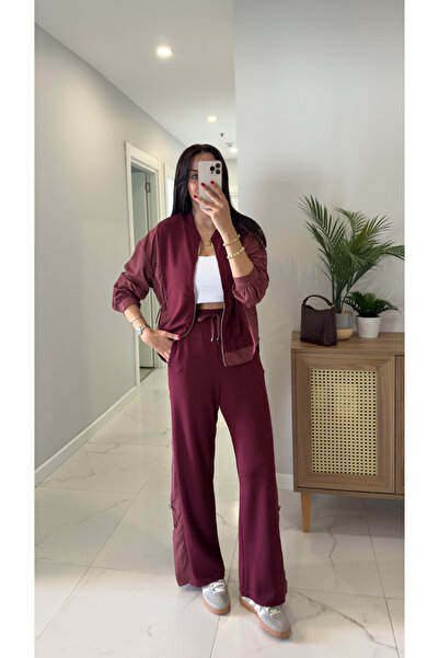 BİRCANÇİL Rendry Burgundy Parachute Detailed Hooded Pants Set
