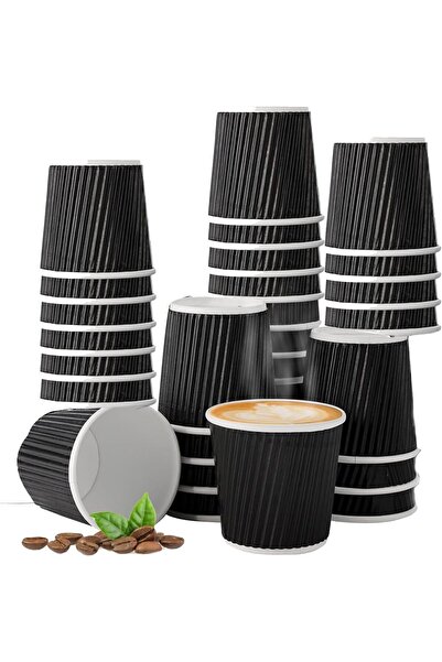 MARKQ [25 Pack] 4oz Black Disposable Coffee Cups - Triple Wall Ripple Hot Paper Cups for Tea & Drinks