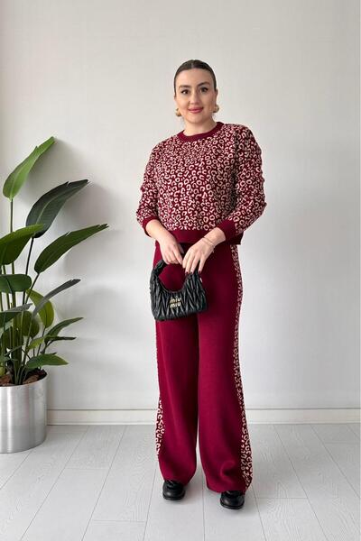 MaziButik Leopard Sweater Double Suit Burgundy